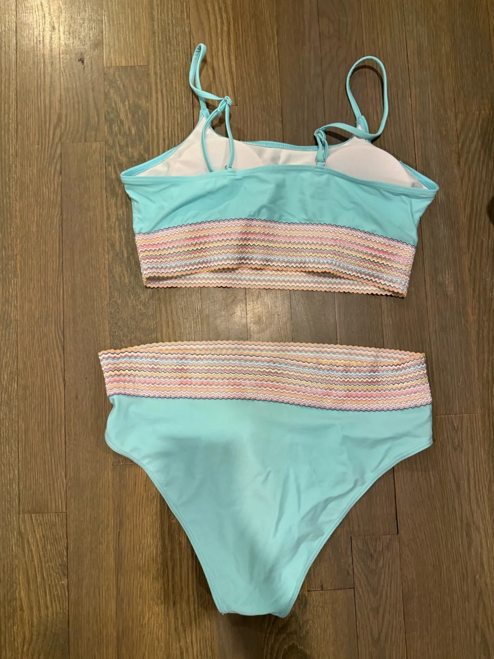 Aqua Blue Two-Piece Bikini Set with Pastel Zigzag Trim size Large